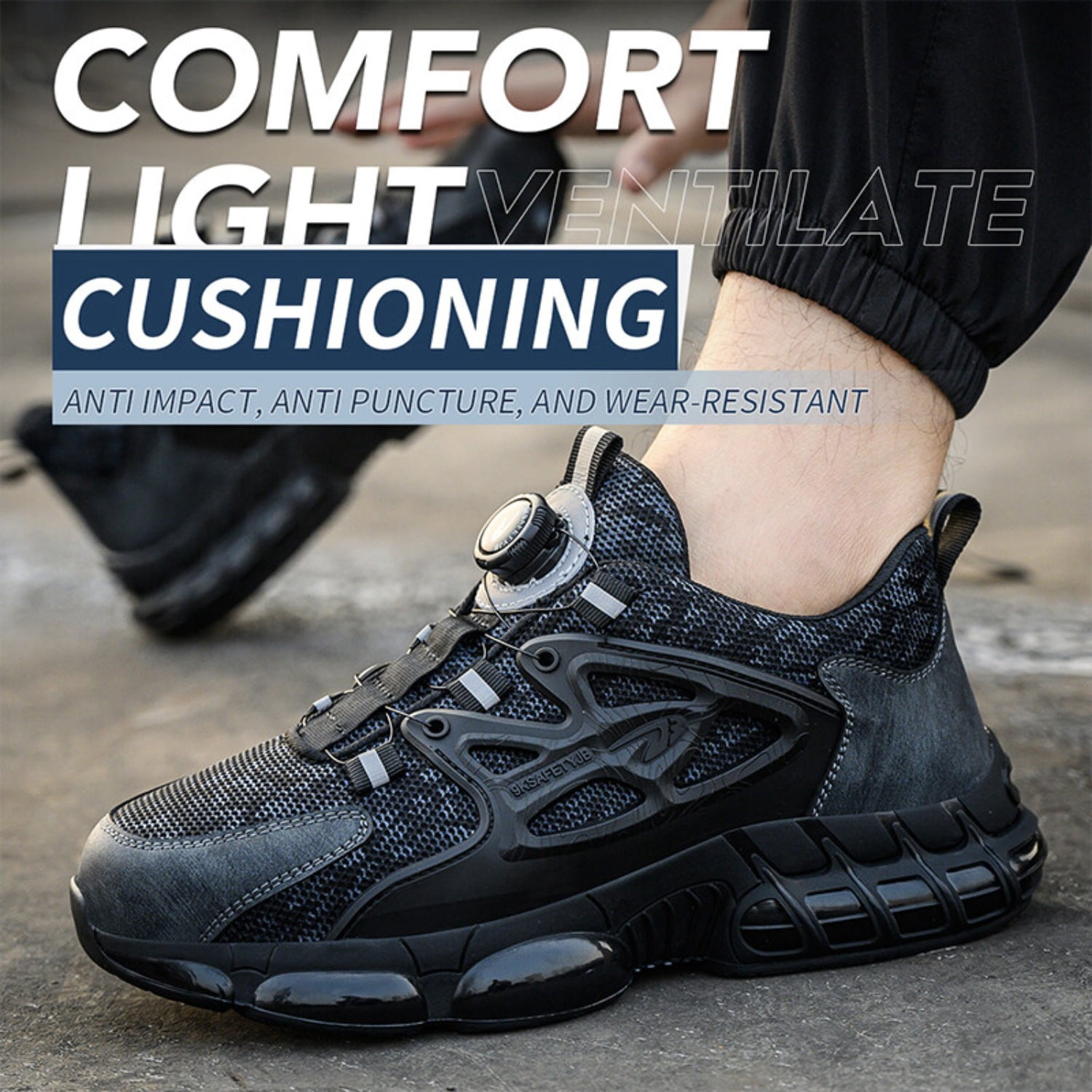Men Steel-Toe Work Safety Boots Rotating Buckle Design Indestructible Work Shoes