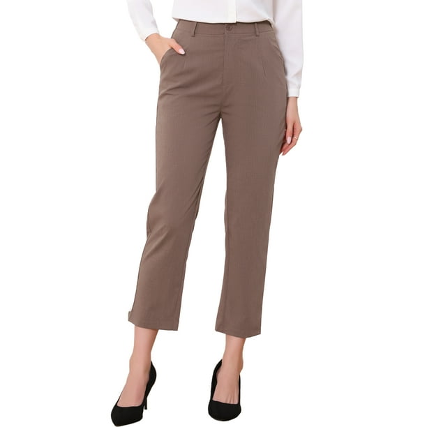 Pantalones de trabajo de mujer Inspire Chic de cintura alta con elástico en la parte posterior, longitud hasta el tobillo, color marrón sólido