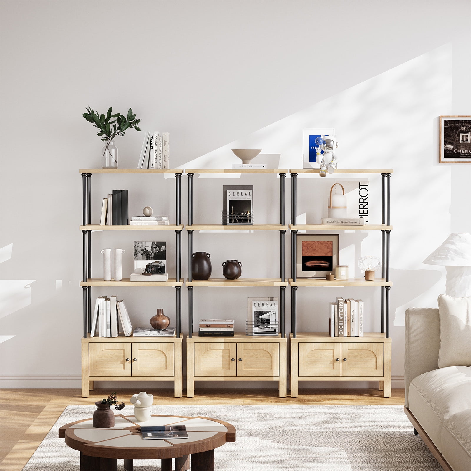 Furnibear Bookshelf with 2 Doors 55 Inches Tall 4 Tier Storage Shelf with Cabinet,Modern Open Bookcase for Living Room or Home Office,Brown