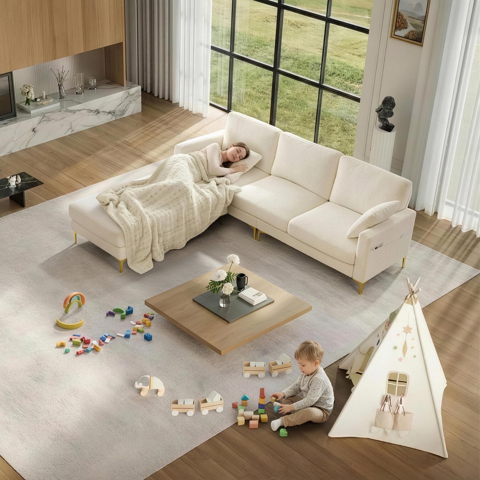 Ktaxon U-Shaped Sofa with 2 Removeable Ottoman Footrests, Flannel Deep Seating Couch for 3, Converts to Sleeper for Bedroom Living Room Furniture Beige