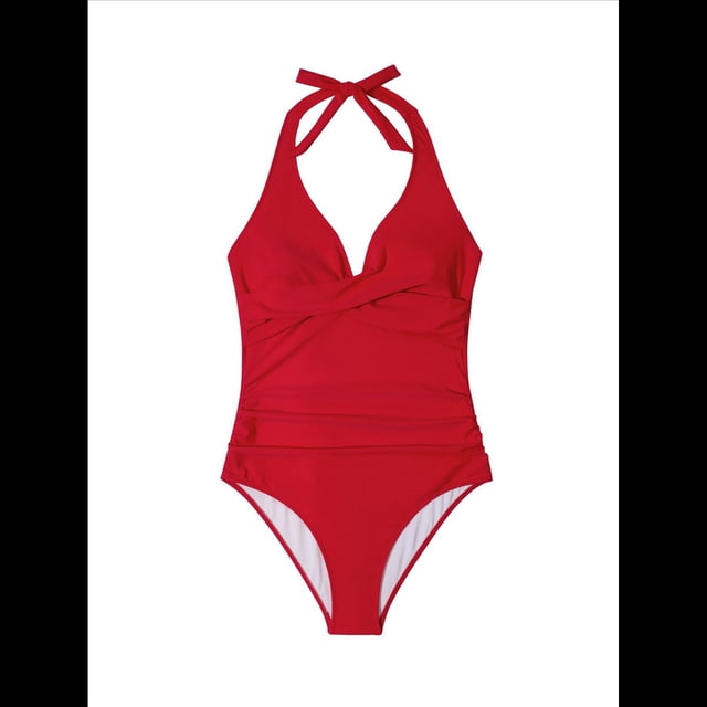 Trajes de Baño de una Pieza con Control de Abdomen para Mujer, Trajes de Baño Push Up con Cuello Halter Rojo XL