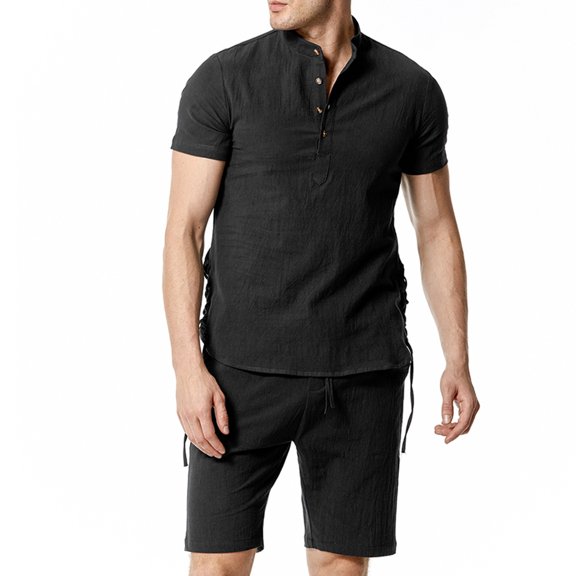 AIEOTT Mens Cotton Linen 2 Piece Outfits Beach Vacation Outfits Summer Shorts Sets Lightweight Lounge Sets Elastic Waist Shorts Set