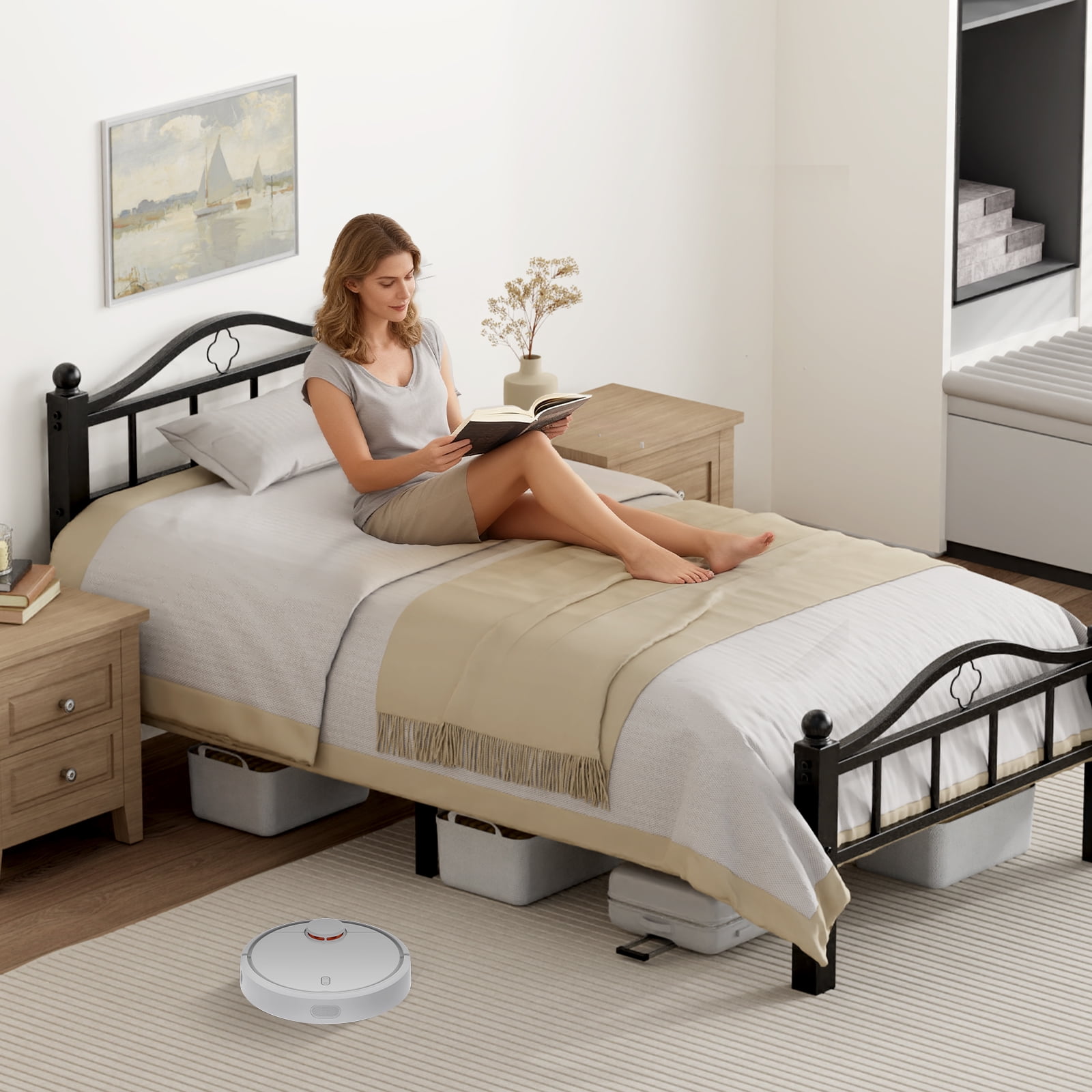Twin Bed Frame, No Squeak Heavy-Duty Twin Size Bed Frame with Headboard 1500lbs Support & 12" Clearance Storage Tool-Free Setup in 30 Mins for Studios, Dorms, Frequent Movers