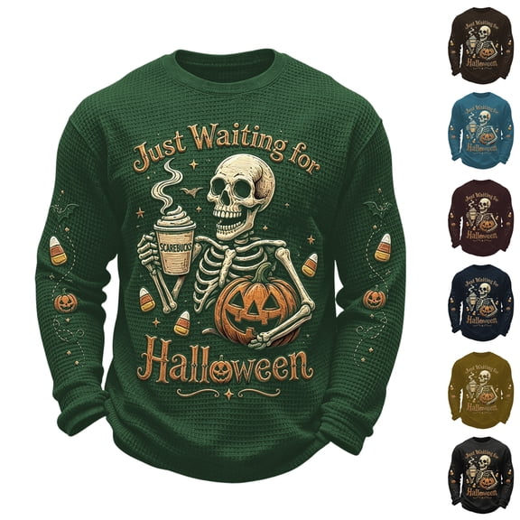 Mens Halloween Sweatshirts Funny Just Waiting for Halloween Skeleton Pumpkin Printed Crewneck Long Sleeve Spooky Season Casual Pullover Sweatshirt, L