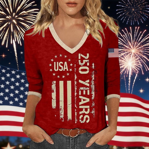 WERYOUNG Patriotic Graphic T Shirt For Women V Neck 3/4 Sleeve Tee 250th Anniversary Celebration T-Shirts Comfortable Top XL