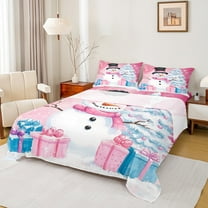 Manfei Winter Kawaii Snowman Bed Sheets, Merry Christmas King Sheets, Pink Blue Gifts Sheet Set, Breathable Home Decor, 4pcs