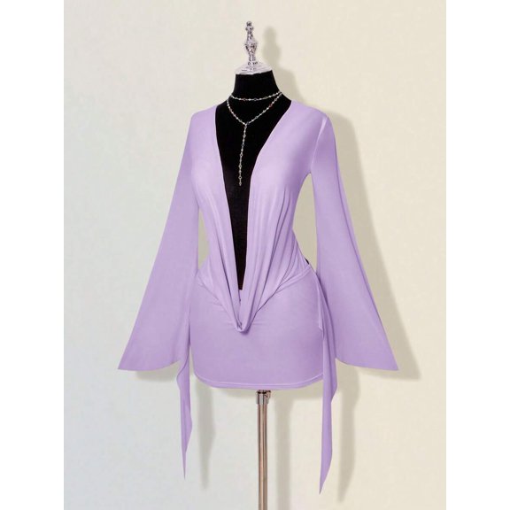 Mauve Purple Plunging V-Neck Mini Dress With Bell Sleeves And Twist Front Detail