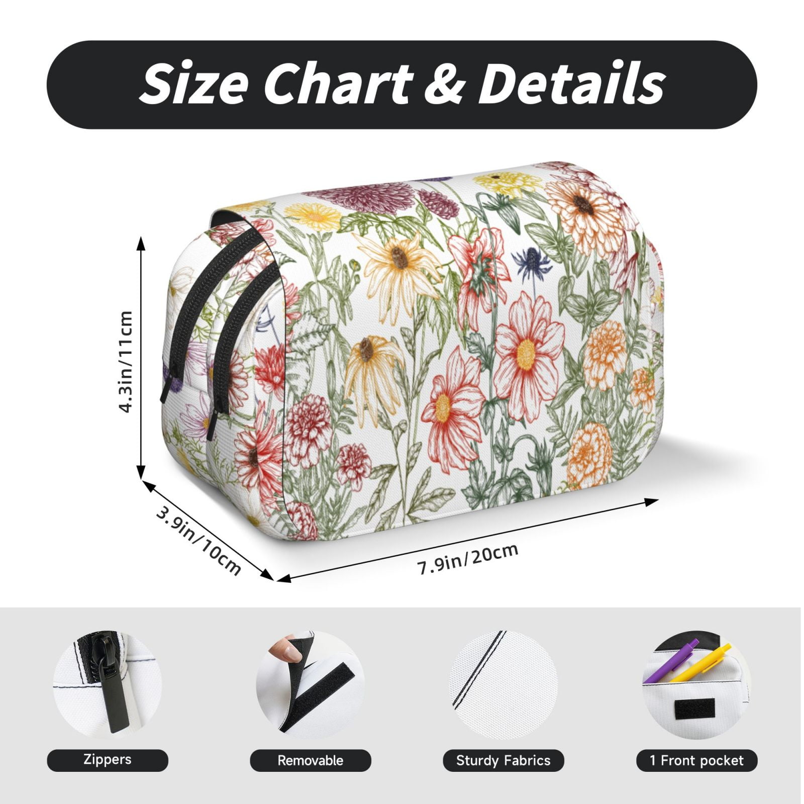 Rateoe Autumn Garden Pattern Double Clamshell Pen Case, Storage Organizer with Two Zipper Compartments– Holds Up to 50 Pencils & Pens