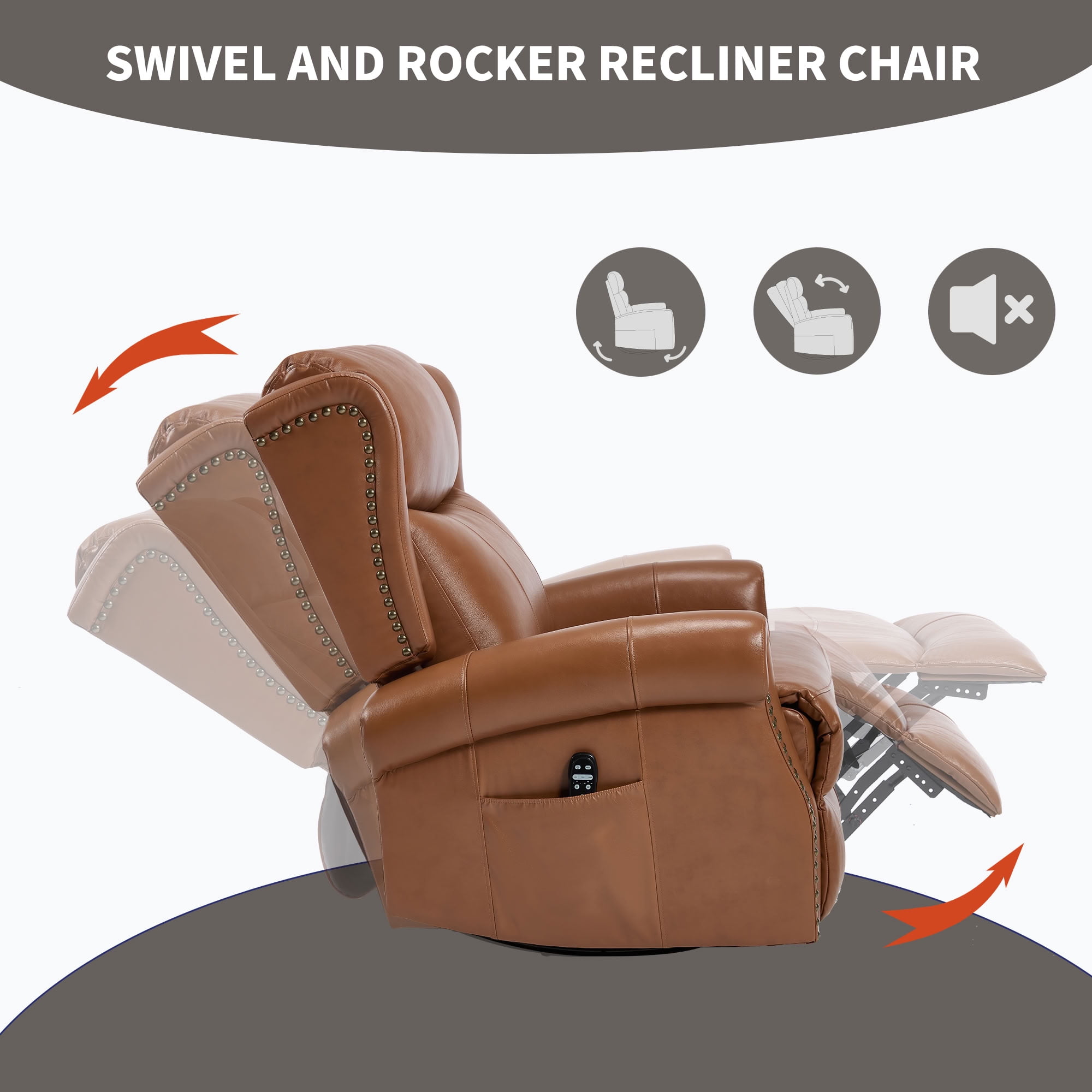MAYEERTY 360 Degree Swivel Rocker Recliner Chair, Genuine Leather Manual Recline Glider Armchair with 8-Point Vibration Massage & Lumbar Heat, for Living Room Home Theater