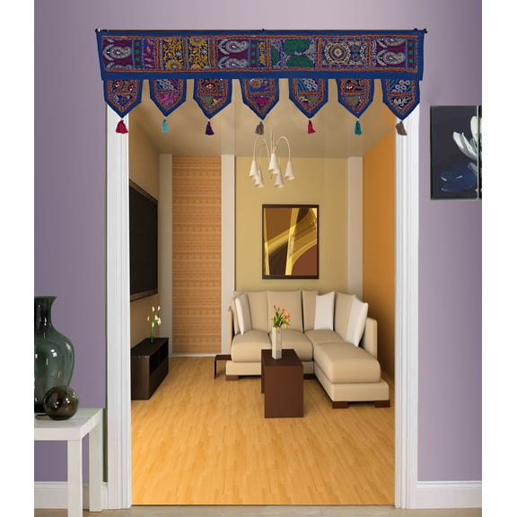 Stylo Culture Decorative Cotton Window Valance Kids Room Blue Vintage Embroidered Patchwork Tassels Floral Scarf Curtain Topper Bedroom Swag Curtain Door Hanging Toran | 38 x 14 Inches