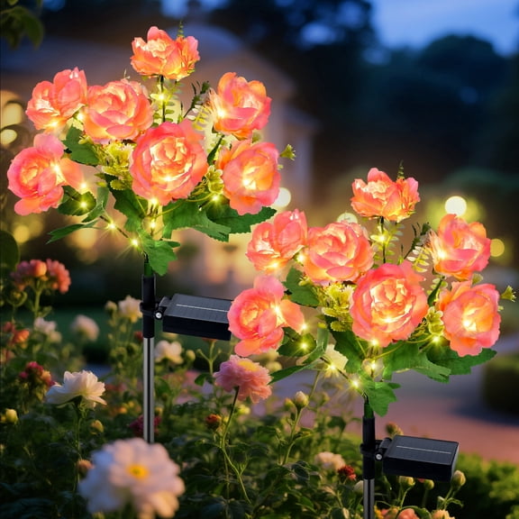 Ninonly Solar Garden Lights Outdoor 2 Pack, 8 Lighting Modes Solar Peony Flower Lights, for Garden Yard Patio Lawn Pathway Walkway Landscape Decoration,Pink