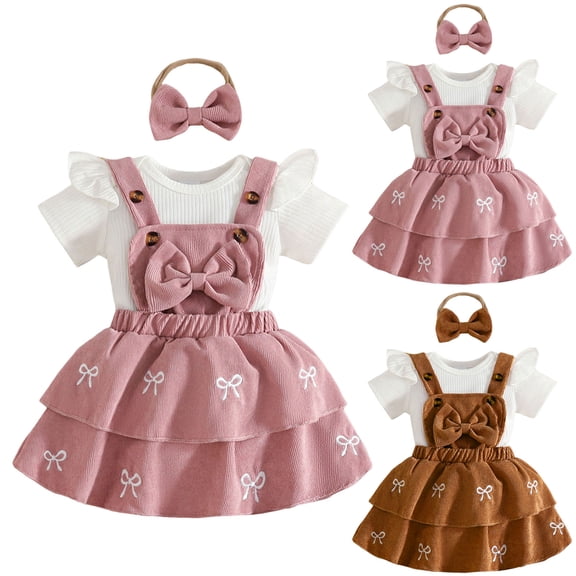 Pandaie 3-18M Baby Girl Summer Clothes Ruffle Short Sleeve Romper Overall Skirt Dress Bow Headband Set Newborn 3 Piece Cute Outfit Coffee 12M(9-12 Months)
