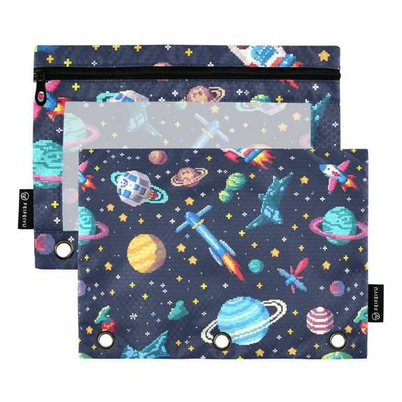 Space Stars Planet Rocket 2 Pack Pencil Pouch for 3 Ring Binder Smooth Zipper Folders with Pockets Clear Window Pencil Case