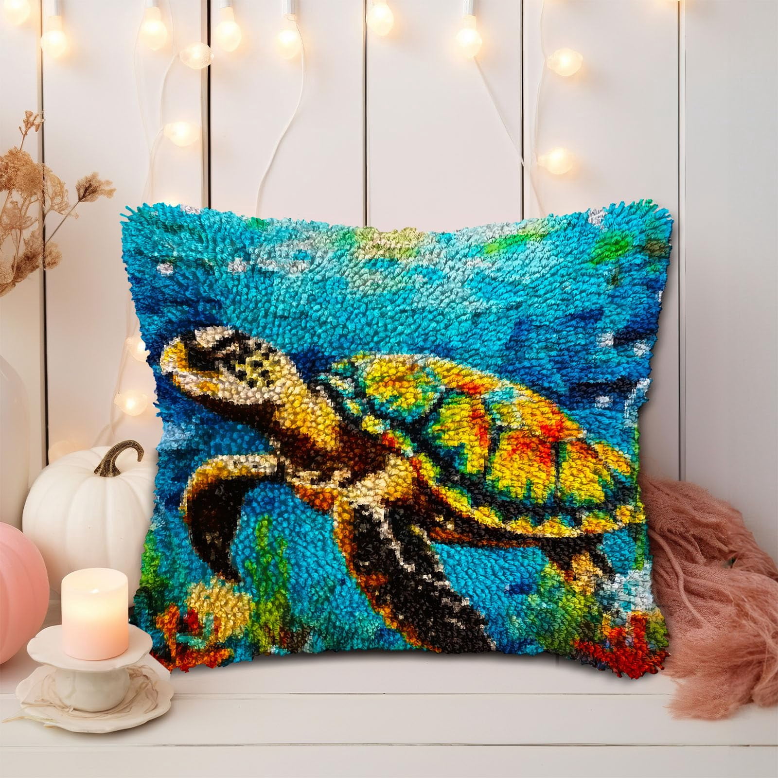 A Sea Turtle Swim DIY Latch Hook Pillow Kits for Adults Printed Pillowcase Crochet Yarns Hooking Handmade Pillow Cover Cushion for Home Sofa Decoration 17x17inch