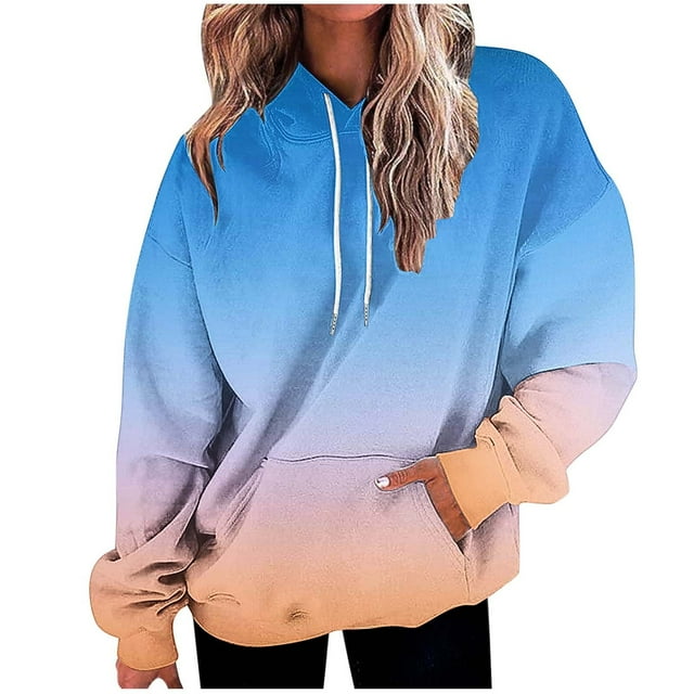 Women's Printed Hooded Sweatshirt, Long Sleeve Gradient Design Pullover with Pocket and Drawstring, Fleece Pullover