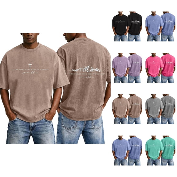 Mens Christian Graphic Shirts - 'So Will I' Faith Cross Vintage Washed Oversized Tshirts Religious Back Print Tops Casual Streetwear Summer Clothes