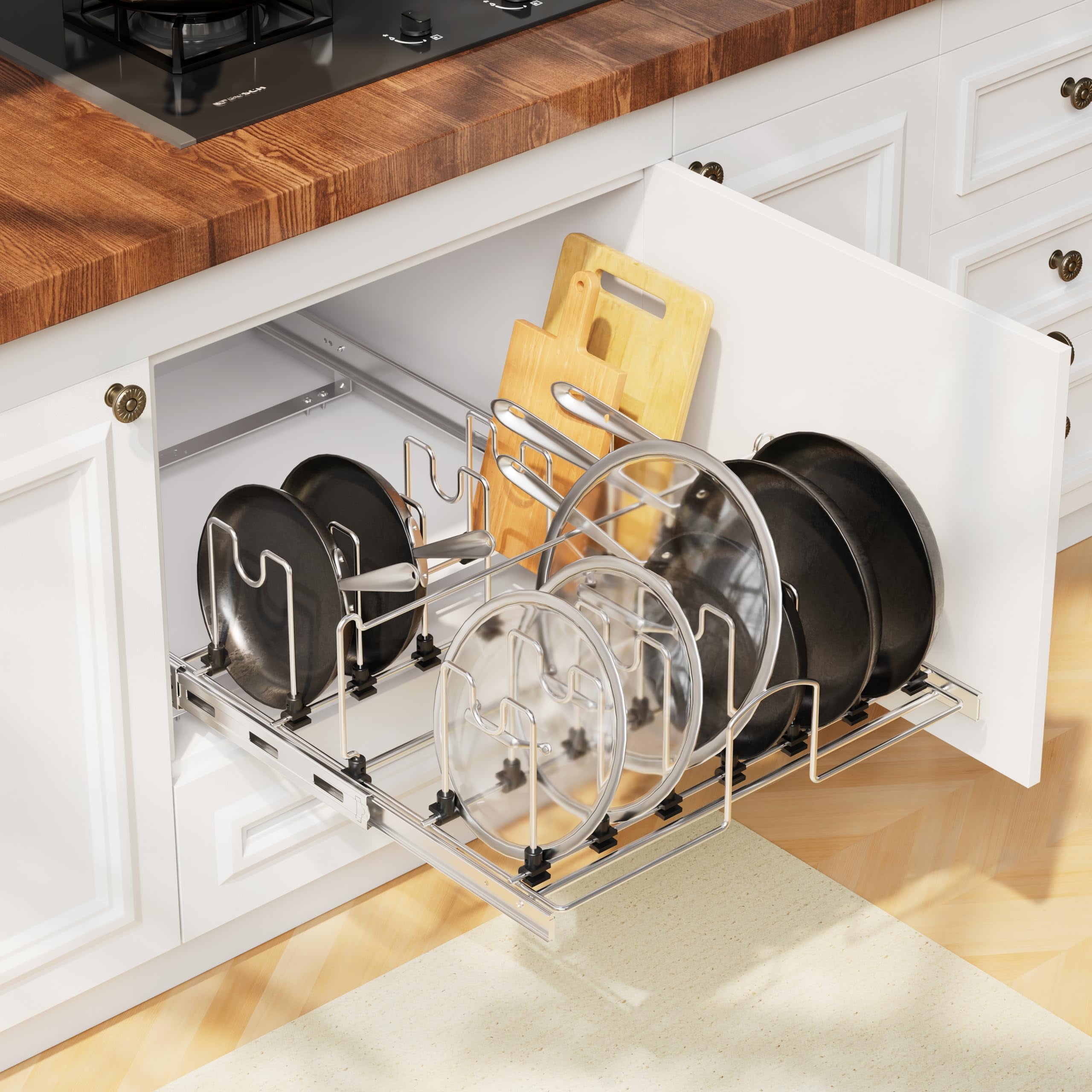 STORKING Adjustable Pull-Out Pots and Pans Organizer, 20"W x 22"D Full-Extension Rail, Chrome Plated with 15 Dividers for Under Cabinet