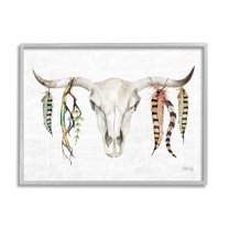 Stupell Industries Longhorn Animal Skull South Western Cattle Patterned Feathers,14 x 11, Design by Marla Rae