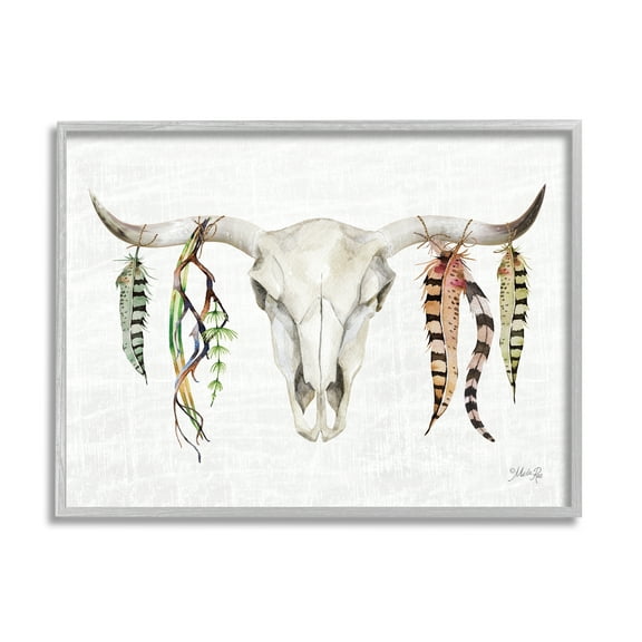 Stupell Industries Longhorn Animal Skull South Western Cattle Patterned Feathers,20 x 16, Design by Marla Rae