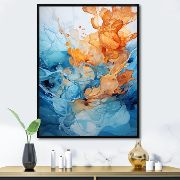 Designart "Aqua Dream Rush Motion I" Abstract Framed Wall Art - Modern Orange Abstract Collages Living Room Framed Canvas Art