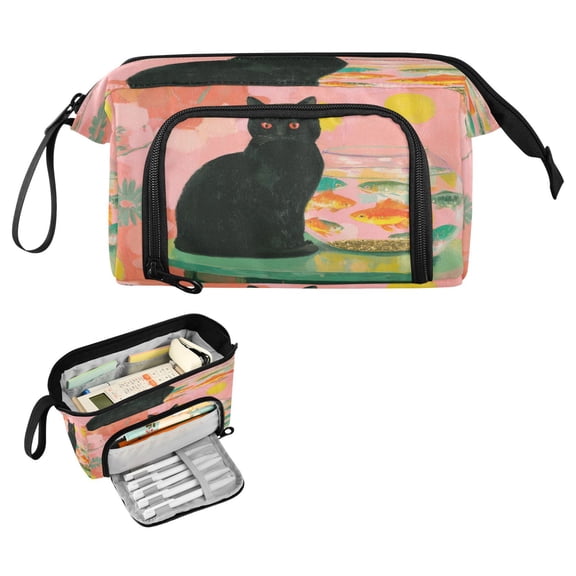 Nylon Fish Mouth Pencil Case with Large Capacity Zipper Pencil Pouch Black Cat and Goldfish Bowl Pencil Bag Organizers
