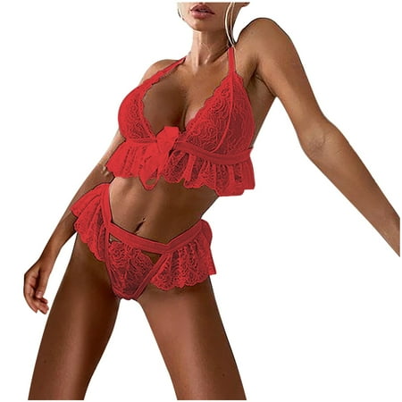 

Womens Sexy Lingerie Sets Lace Gathered Thin Wireless Bra Underwear Pajamas Set