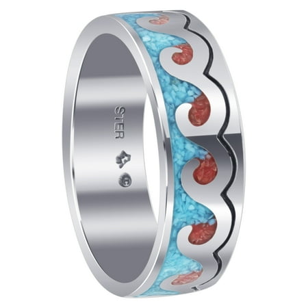 - Men's 925 Sterling Silver Turquoise & Coral Wave Design Ring
