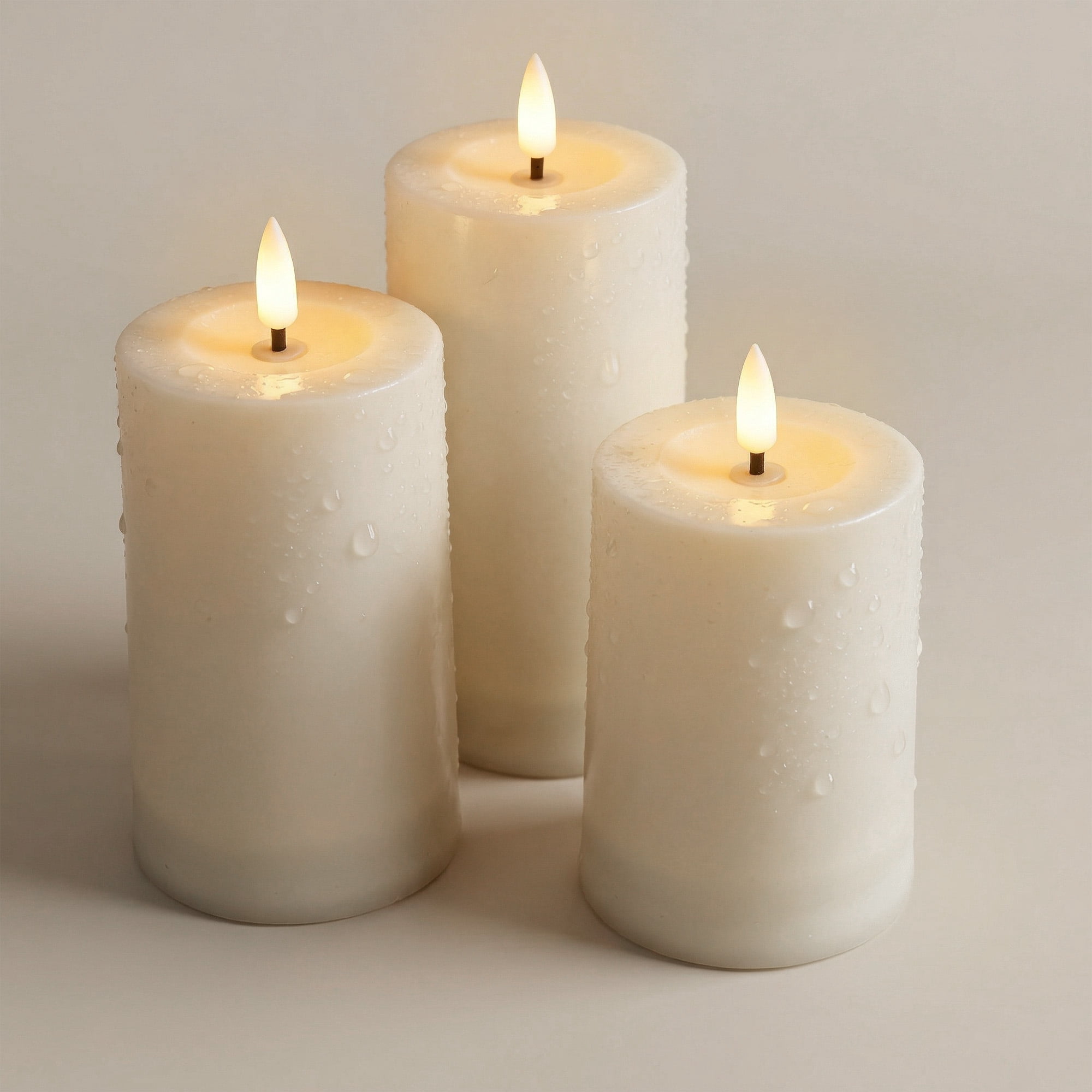 WYZworks Solar LED Flameless Pillar Candle Set of 3 – Ivory Outdoor Rechargeable Lights with Warm Flickering Wick, Weather-Resistant, Auto Dusk-to-Dawn (4", 5", 6")