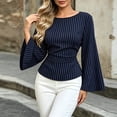 thumbnail image 6 of IUYRTFE Women's Striped Bell Sleeve Blouse Crew Neck Slim Fit Waisted Casual Fall Top, 6 of 7