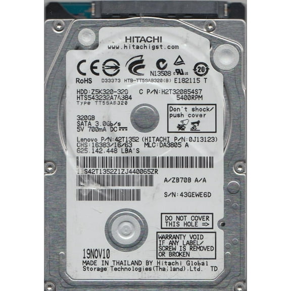 HTS543232A7A384, PN 0J13123, MLC DA3805, Hitachi 320GB SATA 2.5 Hard Drive