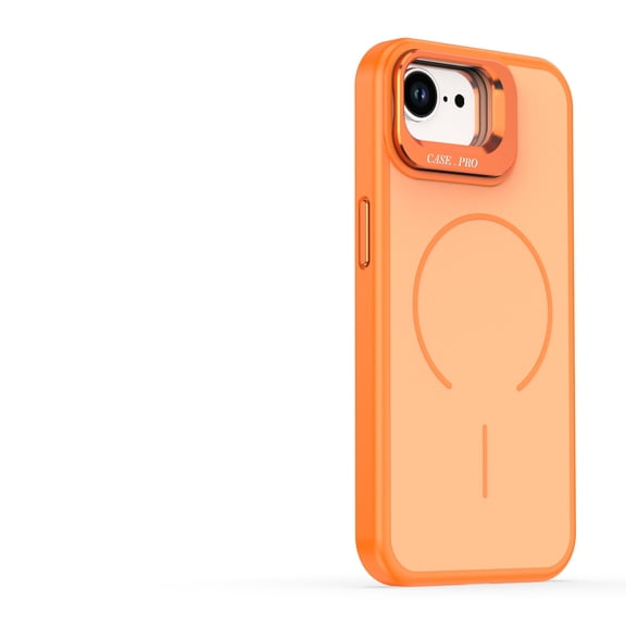 Magnetic For iPhone 16e Phone Case,Compatible with Mag-Safe,With Contractile Lens Ring Kickstand,Anti-fingerprint Matte Shockproof Anti-fall Drop Protection,Durable Phone Case,Orange
