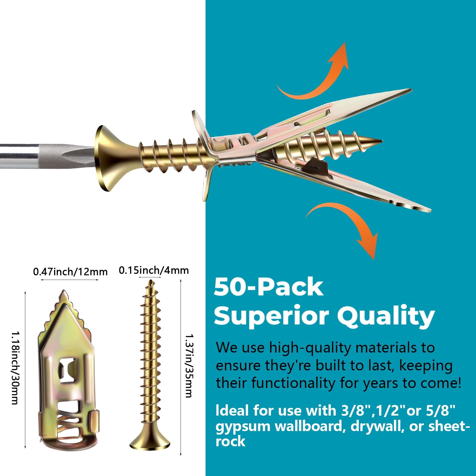 100Pcs Upgraded Self Drilling Drywall Anchors with Screws Kit(50 Manganese Sheetrock Anchors (0.47X1.18inch), 50 Zinc Plated Screws, 50 Wahser), Metal Expansion Anchors for Wall Decors, No Drill Hole