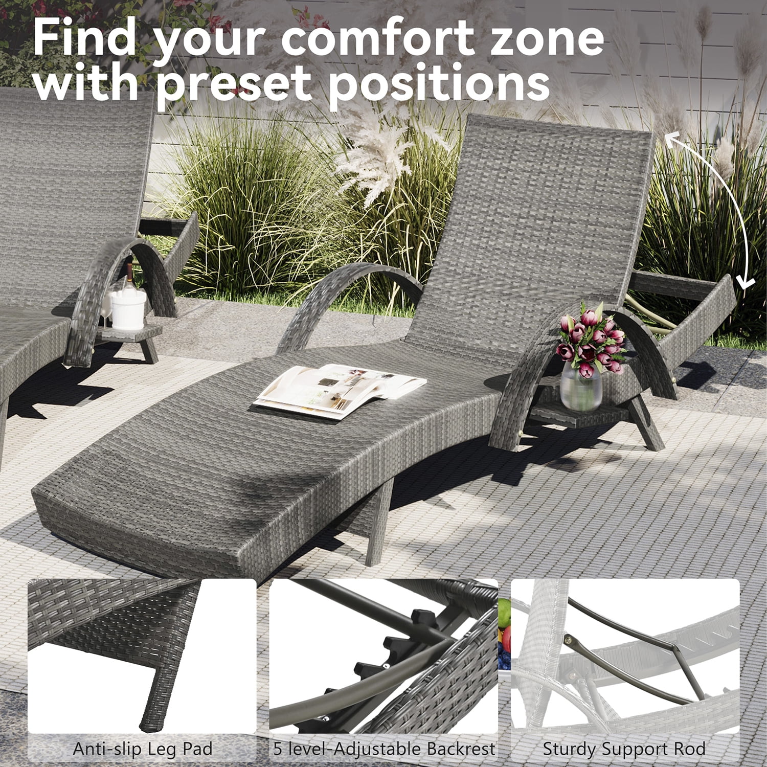 Aimee Lii Set of 2 Patio Wicker Adjustable Backrest Ergonomic Chaise Lounge Chairs with Pull-out Side Table, Convenient and Comfortable, Gray Aimee Lii Set of 2 Patio Wicker Adjustable Backrest Ergonomic Chaise Lounge Chairs with Pull-out Side Table, Convenient and Comfortable, Gray