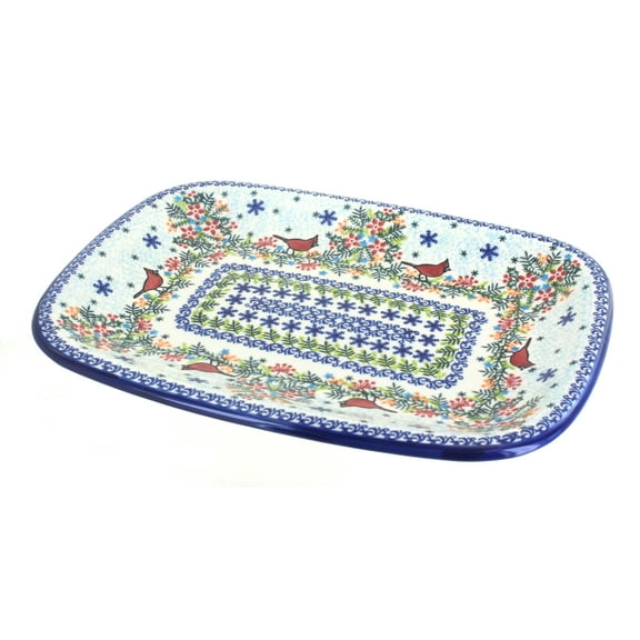 Blue Rose Polish Pottery Winter Cardinal Large Rectangular Serving Platter