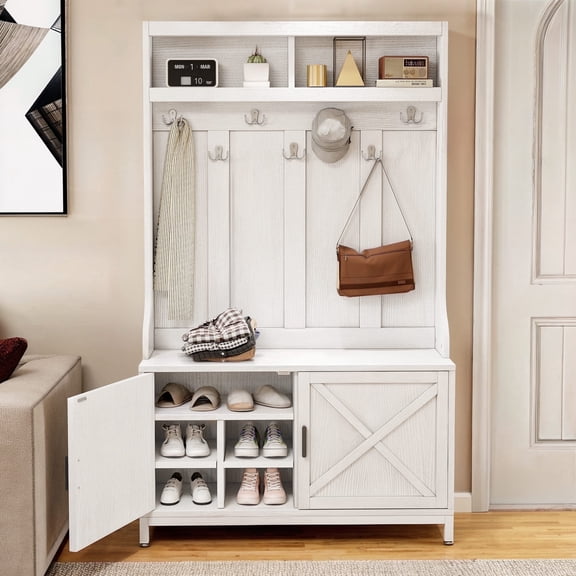 Dextrus 4-in-1 Coat Rack with 14 Hooks, Farmhouse Hall Tree with Storage Bench, Coat Hanger, Shoe Cabinet, White