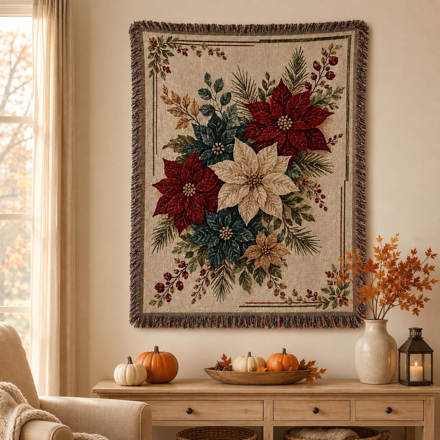 Poinsettia Christmas Woven Throw Blanket Cotton with Fringed Edges for Cozy Home Decor