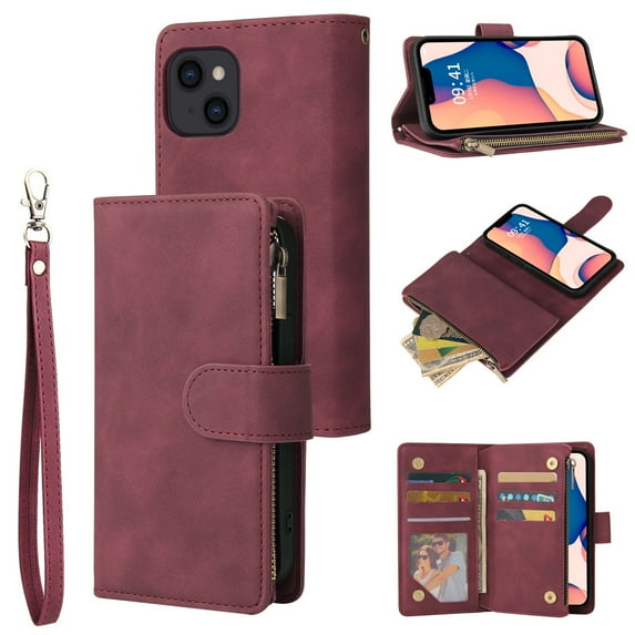 TECH CIRCLE iPhone 14 Pro Wallet Case, Classy PU Leather Zipper Purse Case Magnetic Buckle Folio Flip Cover Stand with Card Slots Wrist Strap for Apple iPhone 14 Pro 6.1 inch 2022, Winered