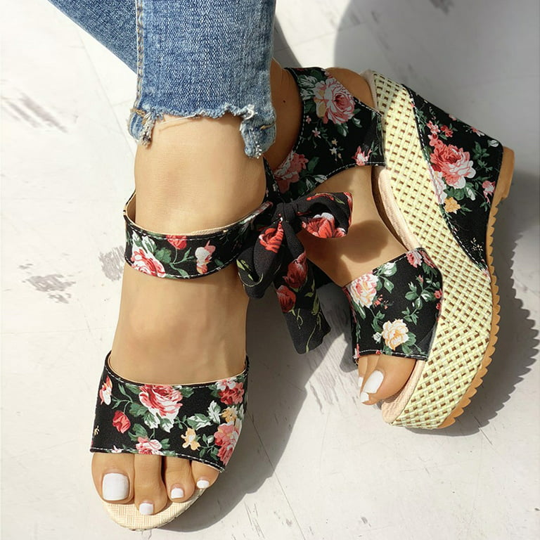 ClodeEU Women'S Ladies Platform Wedges Heel Sandals Floral Flower Lace-Up  Shoes Footwear