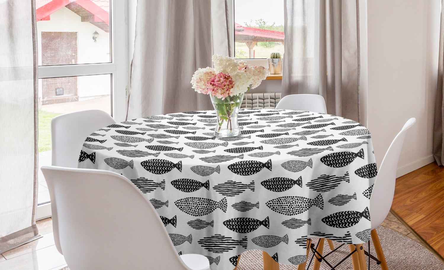 Fish Round Tablecloth, Minimalist Fish with Pared down Dots and