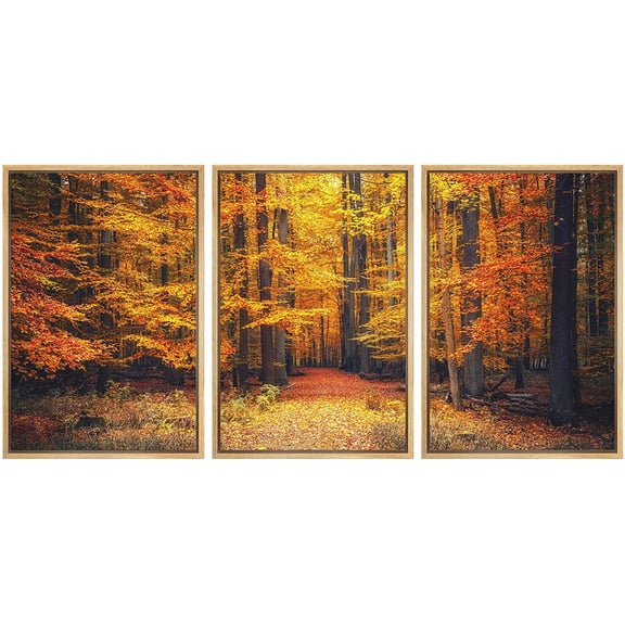 wall26 - 3 Piece Framed Canvas Wall Art - Pathway in The Autumn Park - Modern Home Art Stretched and Framed Canvas Ready to Hang - 16"x24"x3 Natural