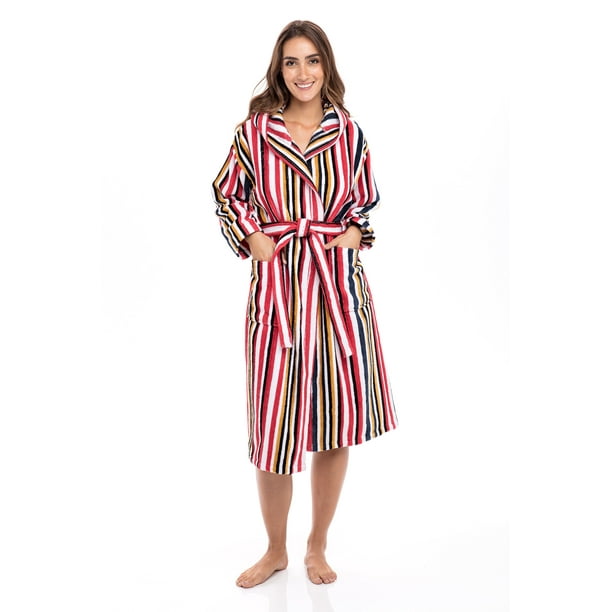 Women’s Luxury Terry Cotton Hooded Bathrobe Spa Robe Bath Robes Stripes ...