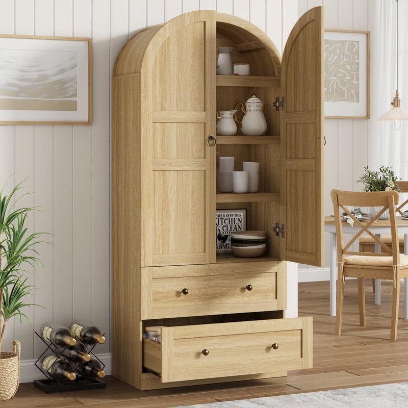 TROPOW 72 in Tall Arched Kitchen Pantry Cabinet, Farmhouse Wood Pantry Storage Cabinet with 2 Large Drawers, Wood Door, Freestanding Versatile Pantry Cabinets for Dining, Living Room