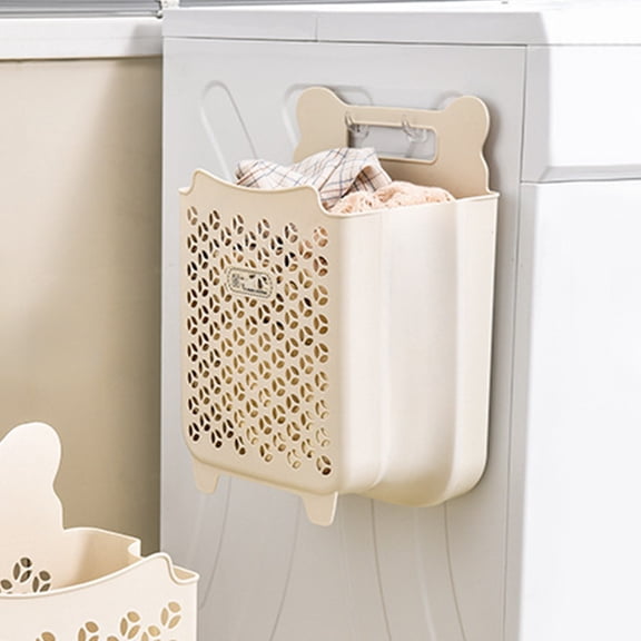 Iumwxz Foldable Laundry Basket with Handles Collapsible Wall Hanging Storage Hamper for Bathroom White Plastic Ventilated Design with Hollow Floral Pattern Space Saving Dirty Clothes Organizer