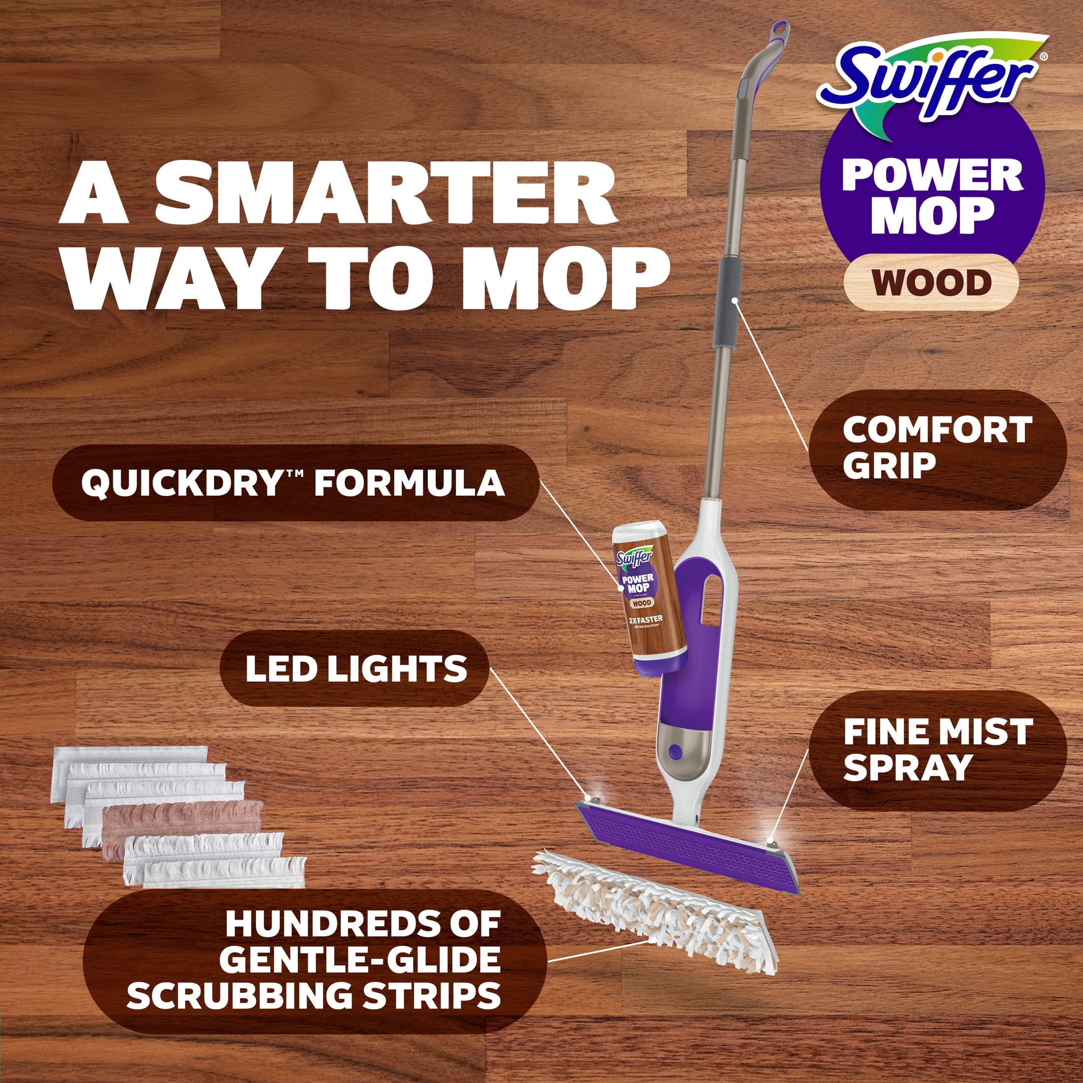 Swiffer Power Mop Wood Kit with Refill, Unscented, 1 handle + 1 solution & 2 Pads