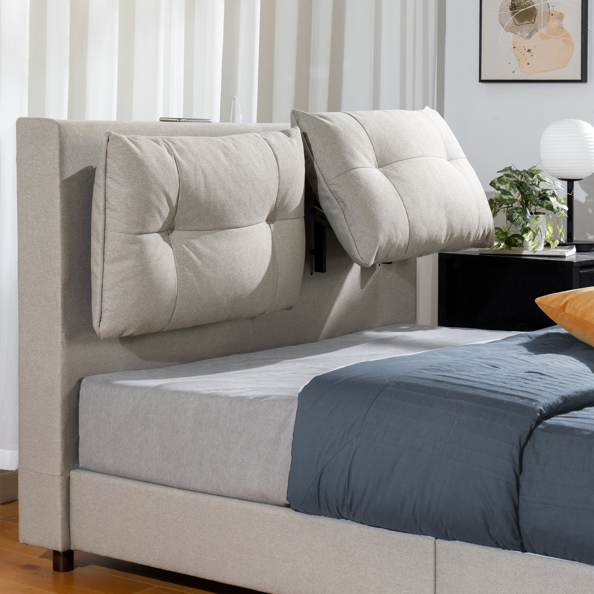 Zinus 39" Avery Platform Bed, Reclining Fabric Headboard and USB Ports, Beige, Full