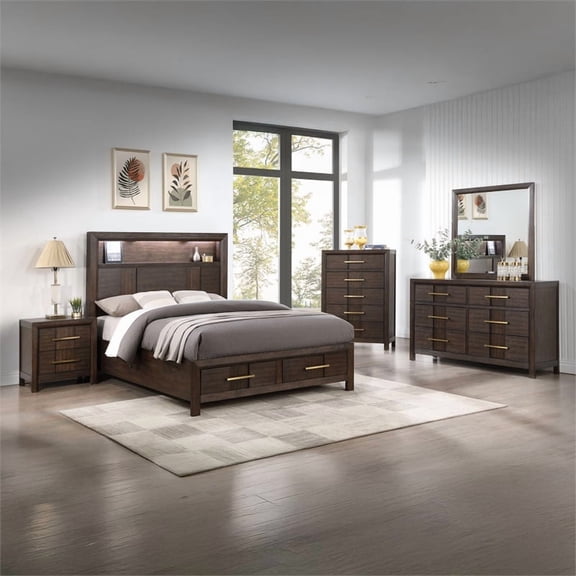5 PC Full Modern Bedroom Set made with Wood in Walnut color