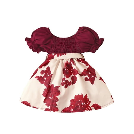 

Maemukilabe Kid Girl Princess Summer Dress Puff Short Sleeve Off Shoulder Flower Printed Patchwork Ruched A-Line Dress