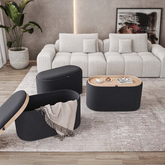Techni Home Storage Ottoman with Reversible Tray Top, Black