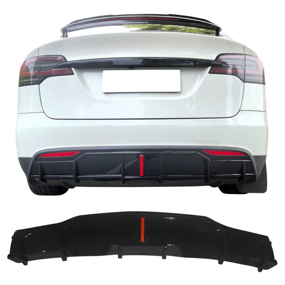 Ikon Motorsports Rear Bumper Lip Diffuser W/LED Lower Valance Exterior Auto Parts For 2022-2025 Tesla Model X IKON Style PP Polypropylene Gloss Black