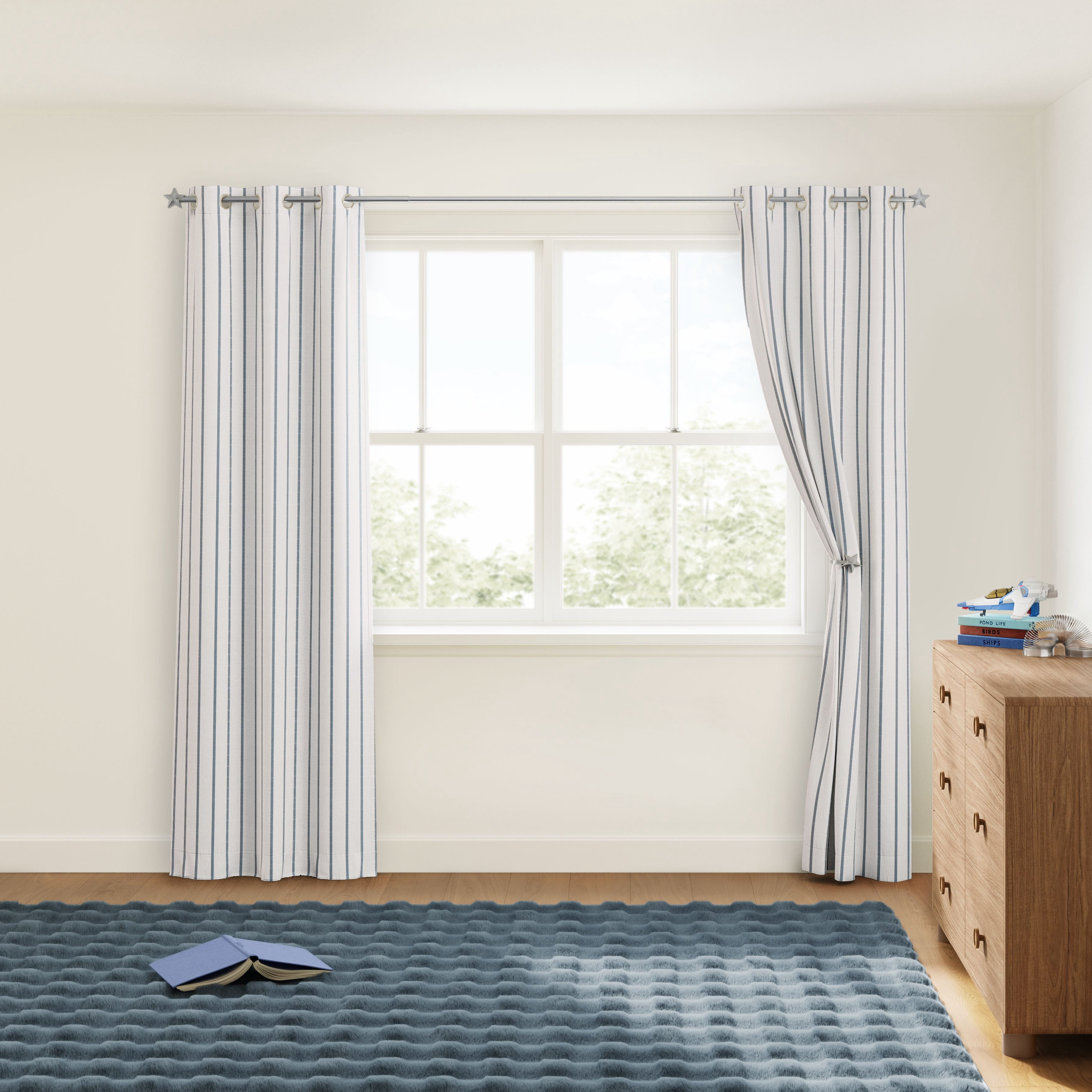 Mainstays Kids White and Blue Stripe Light Filtering Grommet Single Curtain Panel, 38" W x 95" L
